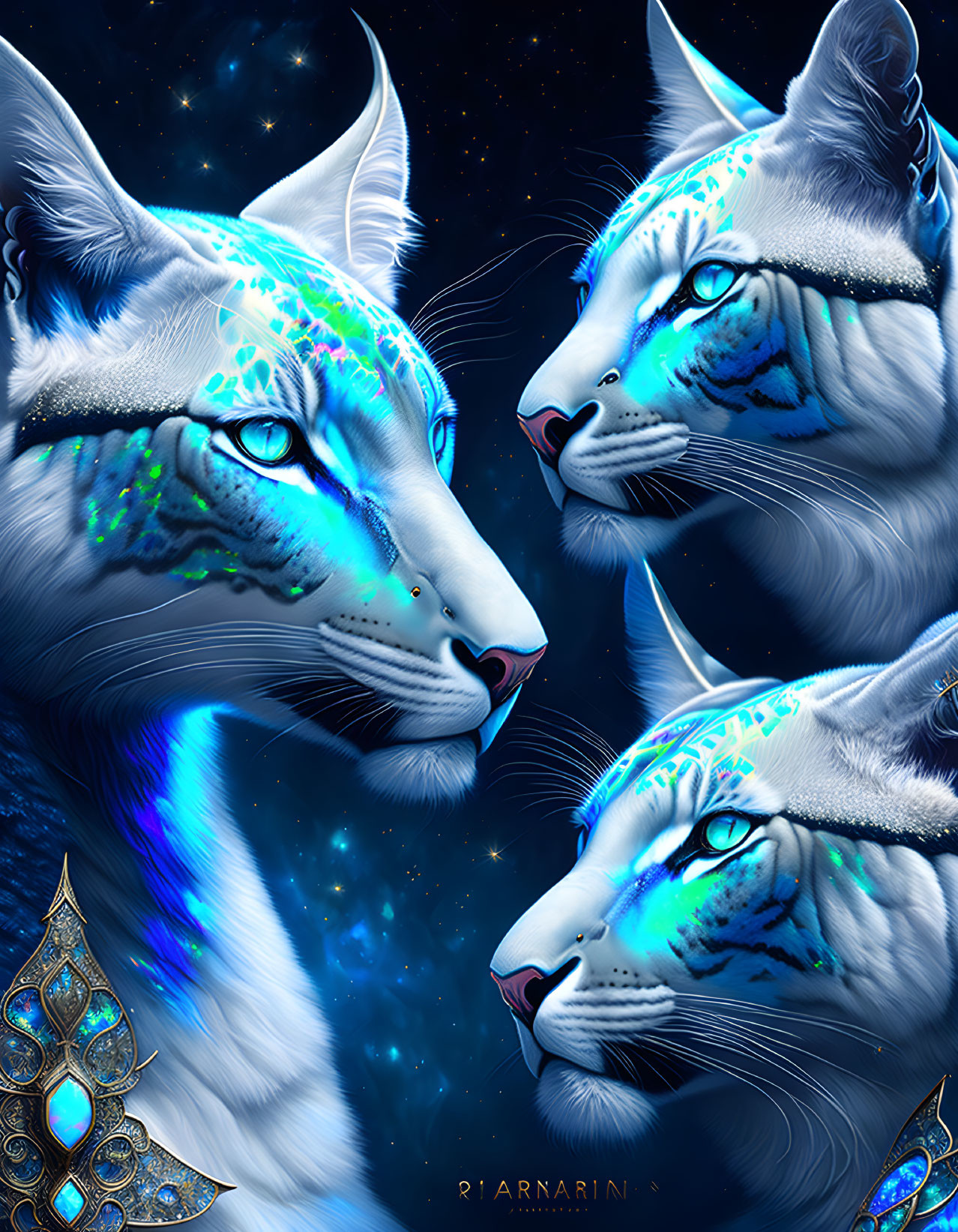 Mystical blue felines with glowing markings in starry setting