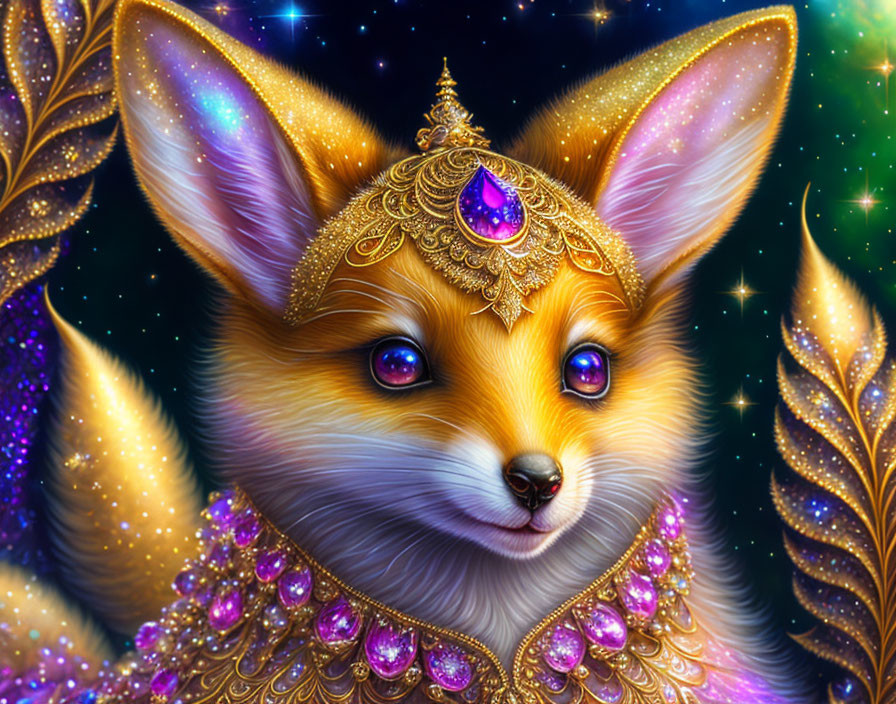 Fantastical fox with golden jewels and glowing stars.