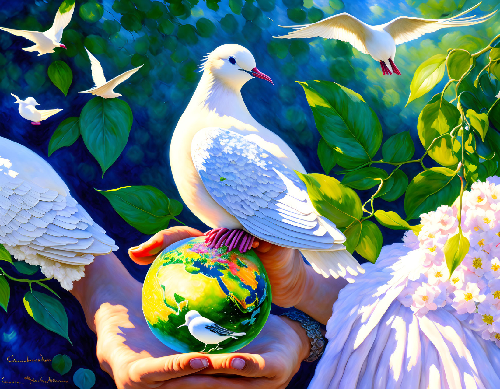 Colorful painting of white dove on Earth surrounded by nature and seagulls