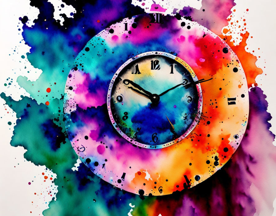 Colorful Watercolor Painting of Clock with Blue, Purple, Pink, and Orange Splashes