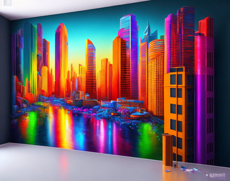 Colorful Futuristic Cityscape Mural Reflecting in Water