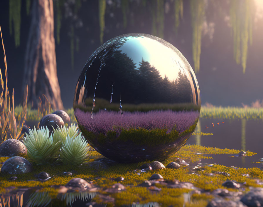 Reflective sphere surrounded by smaller spheres and plants on mossy ground, with forest backdrop.