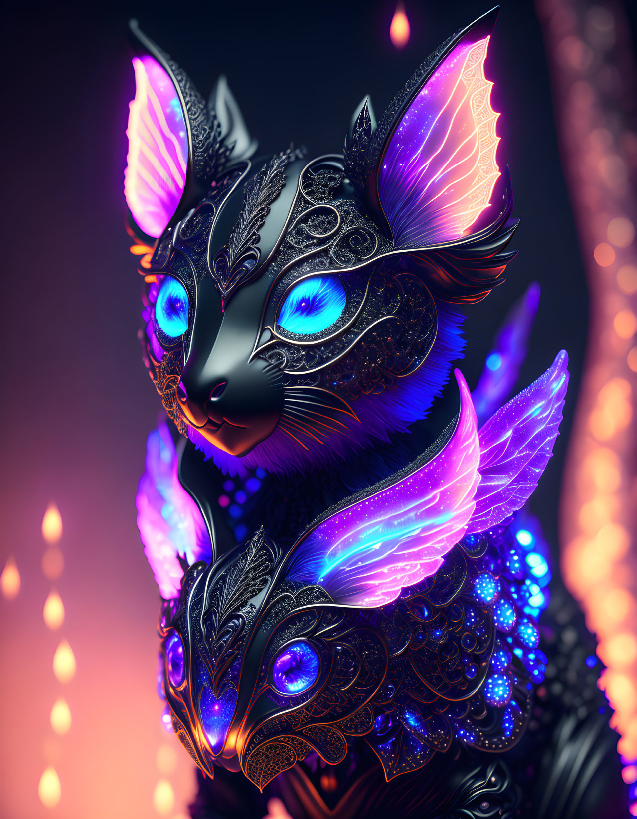 Mystical cat with blue eyes in ornate armor and wings on warm backdrop