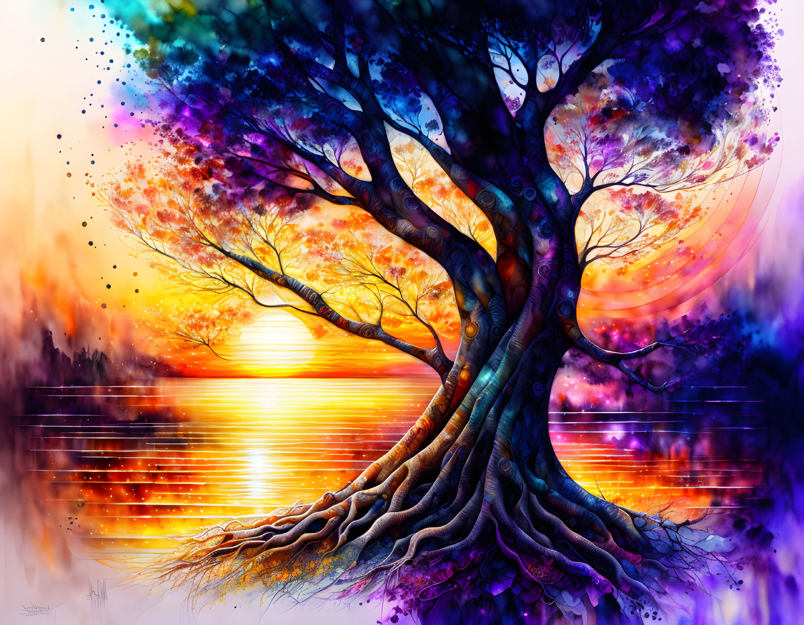 Vivid Fantasy Tree Illustration with Sunset Reflections