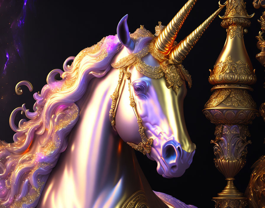 Stylized unicorn with gold accents on cosmic background