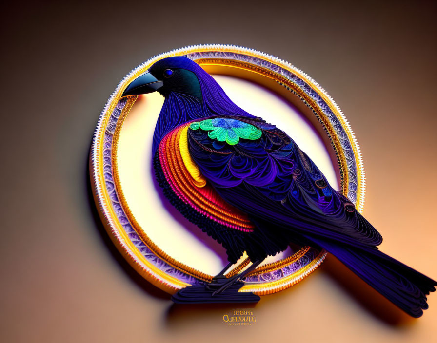 Stylized bird with intricate feather patterns in colorful concentric circles