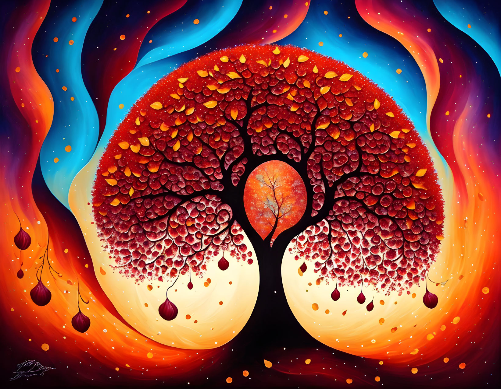 Colorful artwork: Stylized autumn tree under cosmic sky