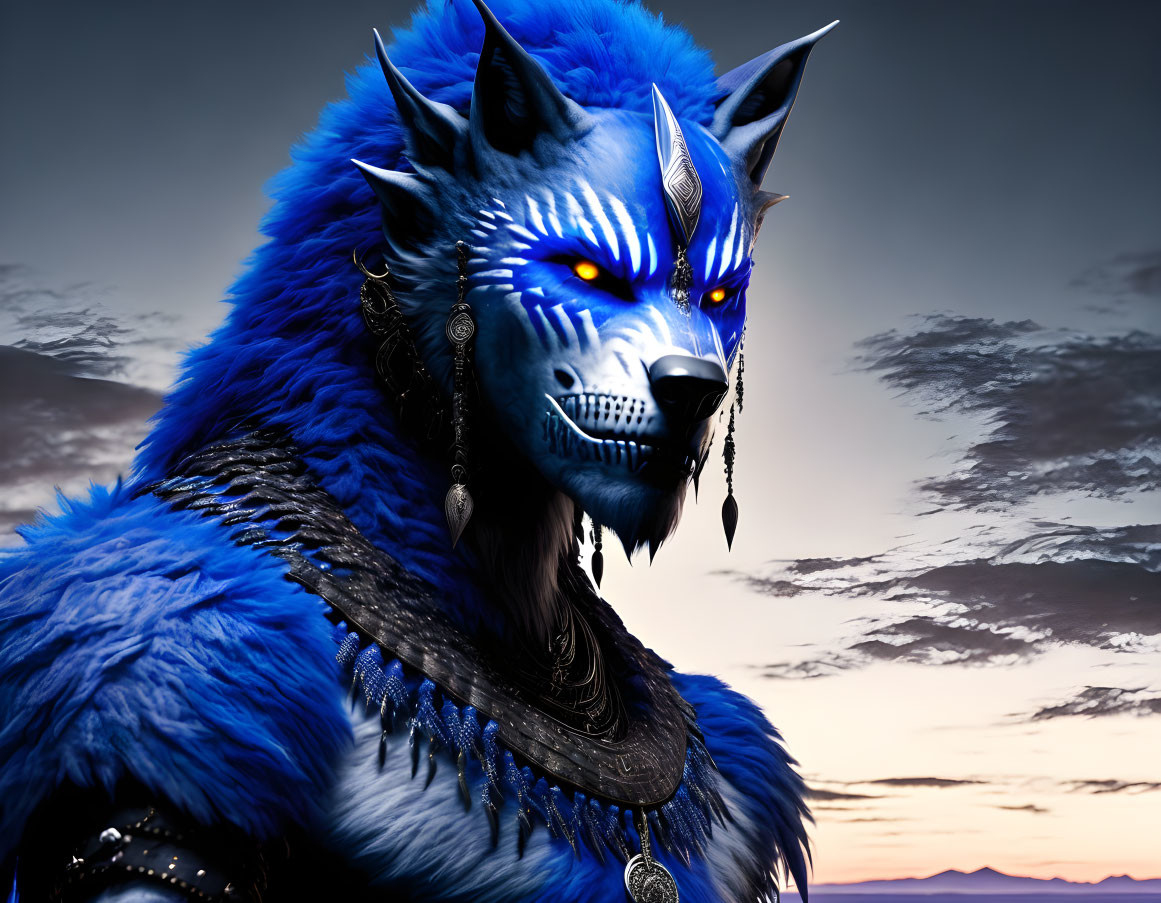 Anthropomorphic wolf digital artwork with blue fur and tribal jewelry on dusk sky backdrop