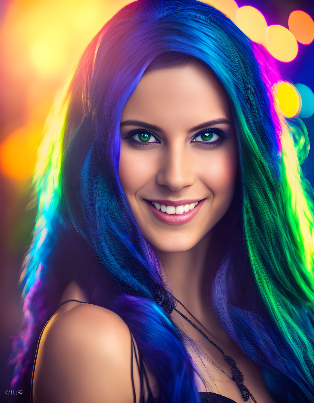 Smiling woman with blue and green hair against colorful background