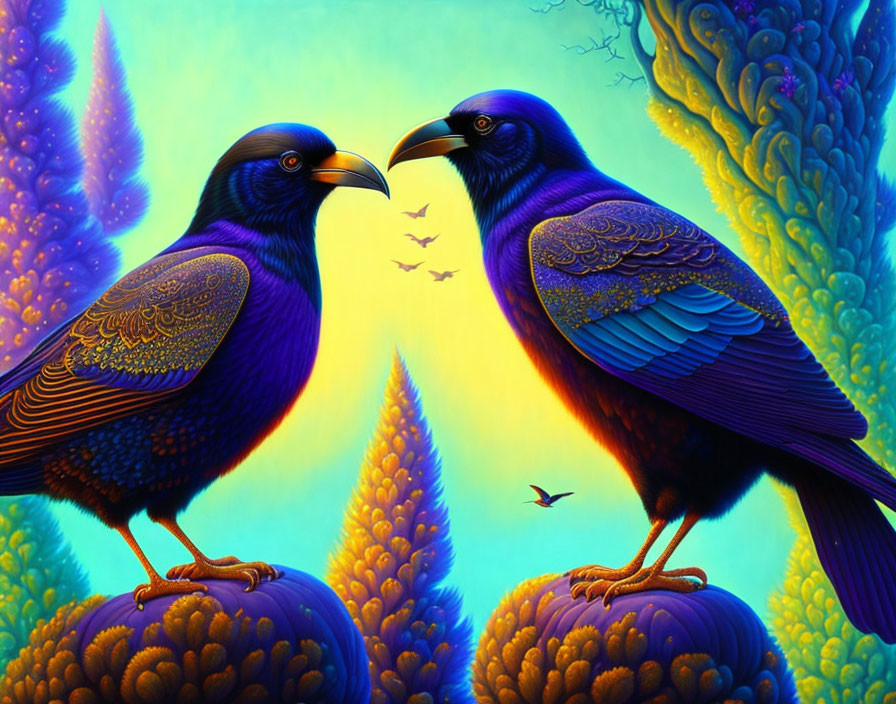 Vibrant blue crows in colorful fantastical scene