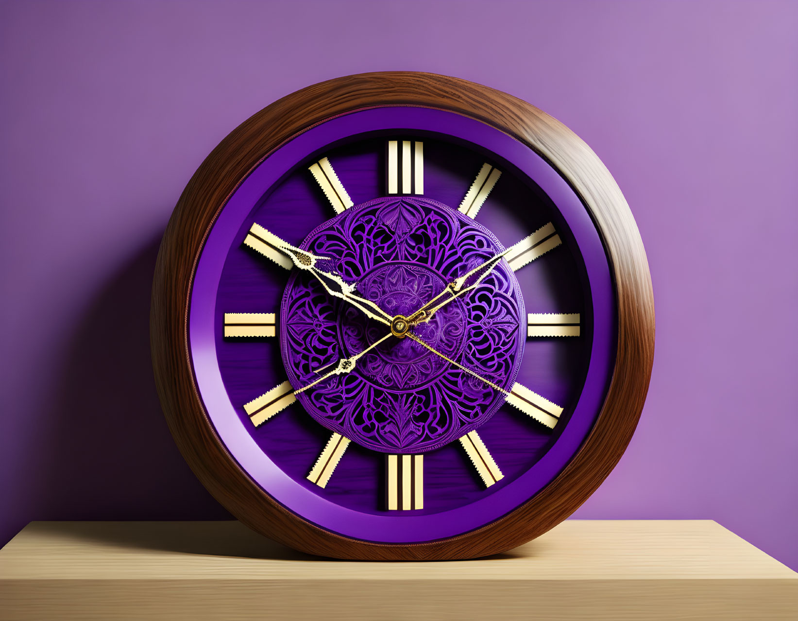 Wooden Wall Clock with Gold Hands & Purple Mandala Design on Purple Wall