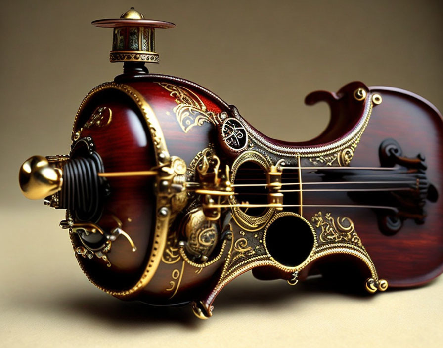 Steampunk-themed violin with intricate golden inlay and mechanical gears