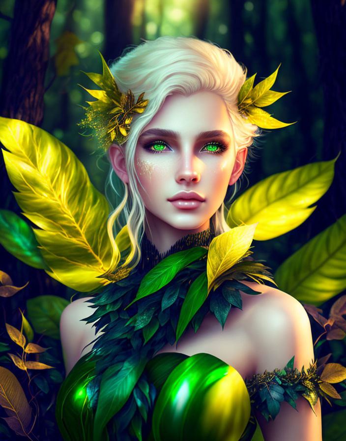 Fantastical female figure with leafy adornments and green eyes in a nature-inspired setting