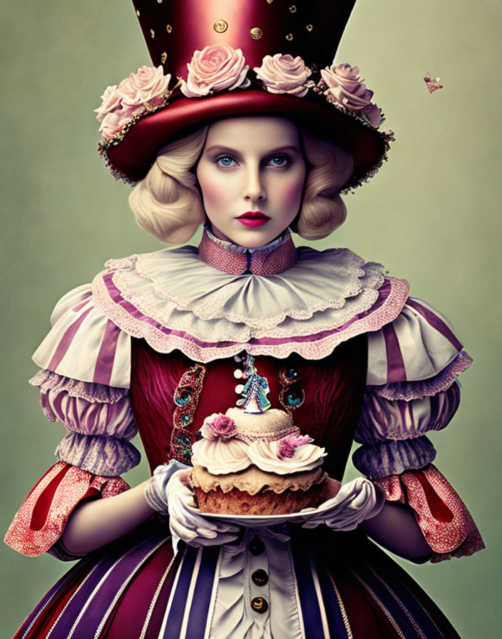 Colorful Victorian Outfit with Top Hat and Cupcake