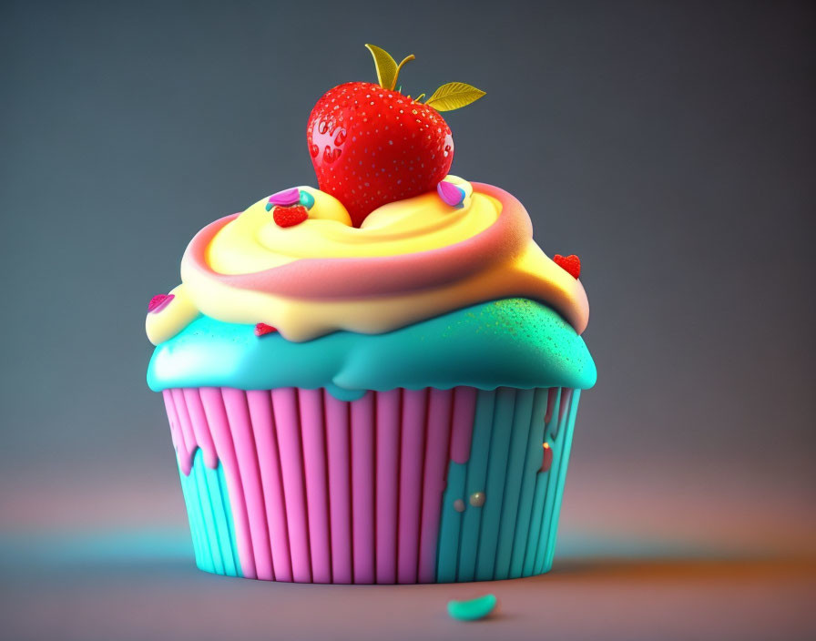 Colorful Cupcake with Blue and Pink Frosting, Yellow Swirl, Red Heart Sprinkles