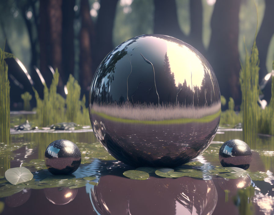 Various-sized reflective spheres on water in forest setting with vegetation, soft-lit sky