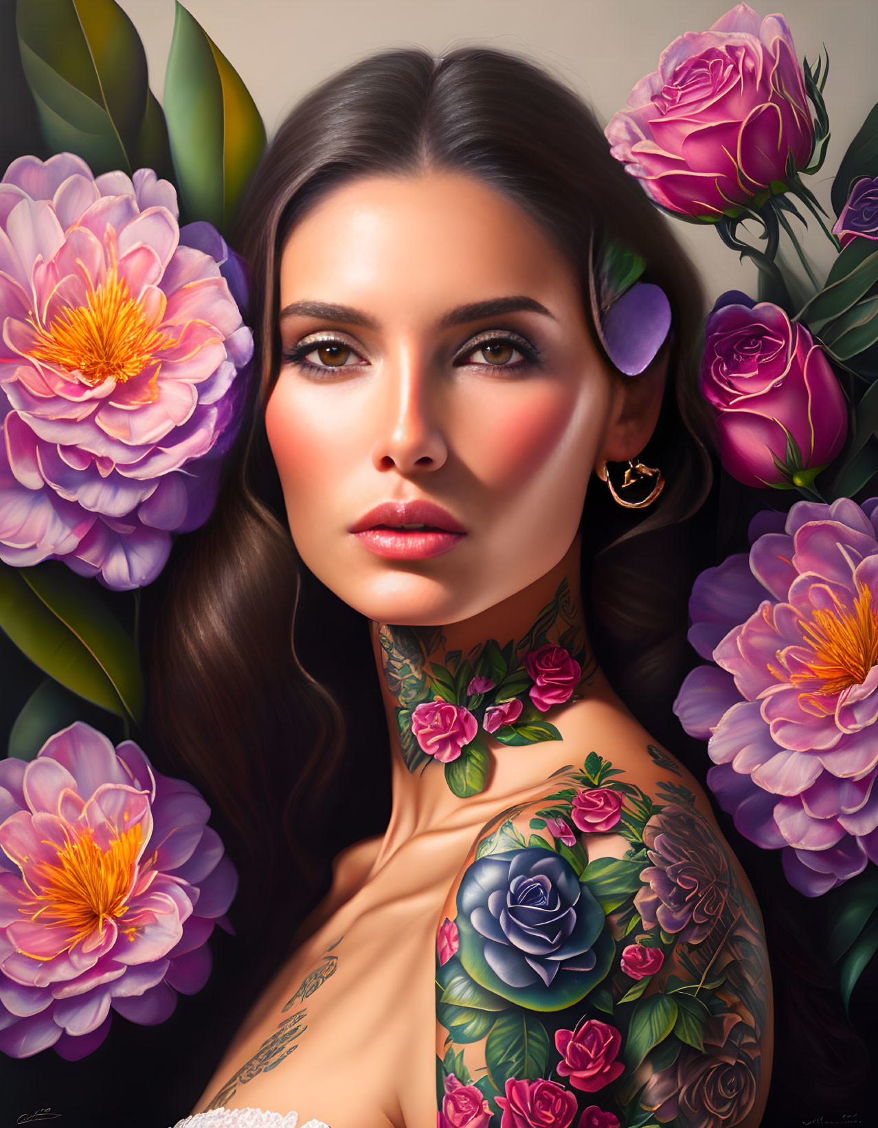 Woman with Floral Tattoos Surrounded by Roses and Peonies