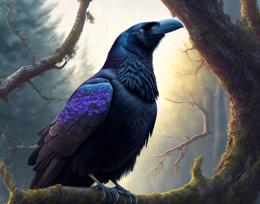 Iridescent Raven Perched on Gnarled Forest Branch