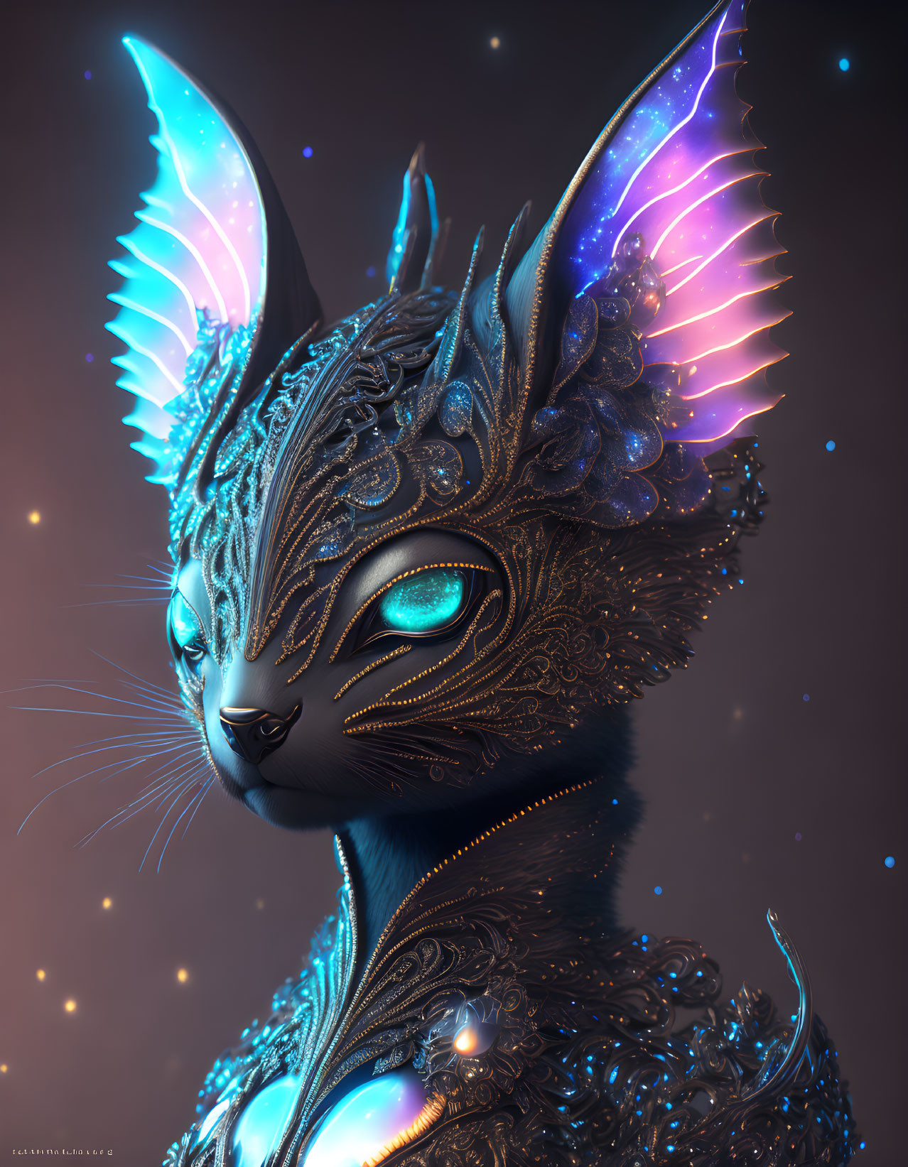 Fantastical cat digital art with glowing blue eyes and ornate fur patterns