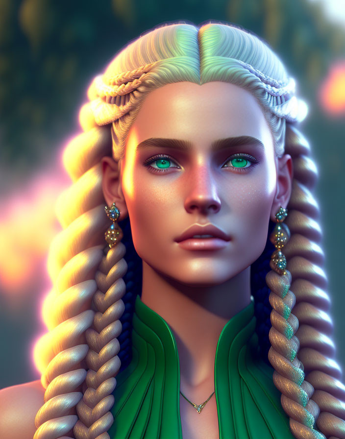 Digital artwork: Woman with green eyes, blonde braided hair, green top, warm lights background