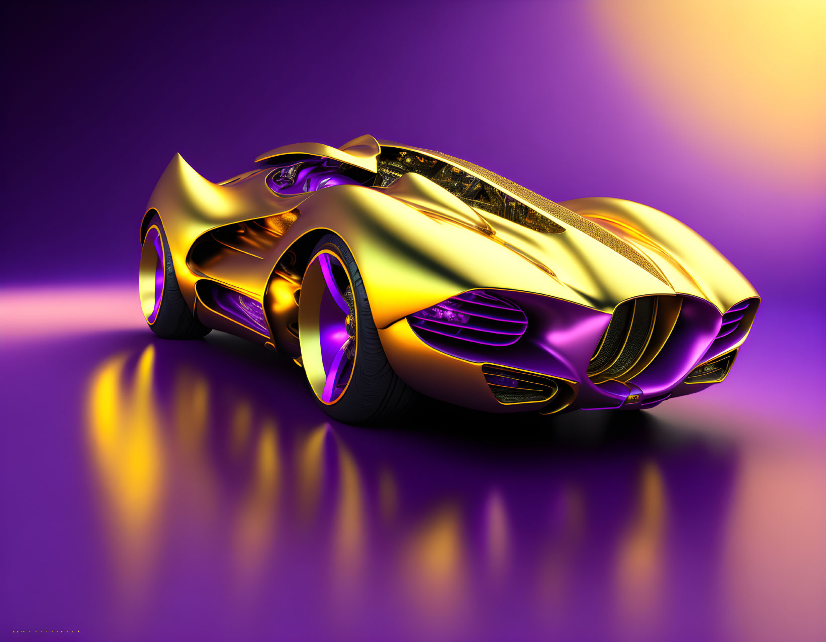 Golden Futuristic Car with Purple Glowing Wheels on Reflective Surface