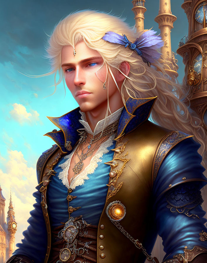 Regal figure with long blonde hair in blue and gold attire against cloudy sky