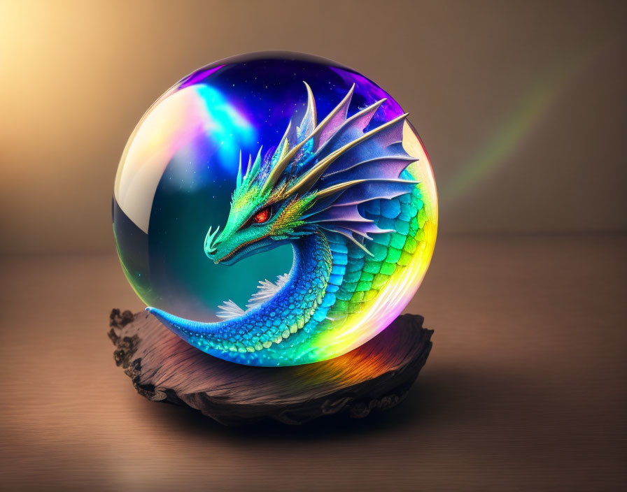 Colorful Dragon in Crystal Ball on Wooden Stand Against Cosmic Background