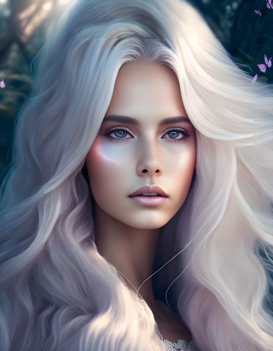 Blonde-haired woman with blue eyes and pink blossoms portrait