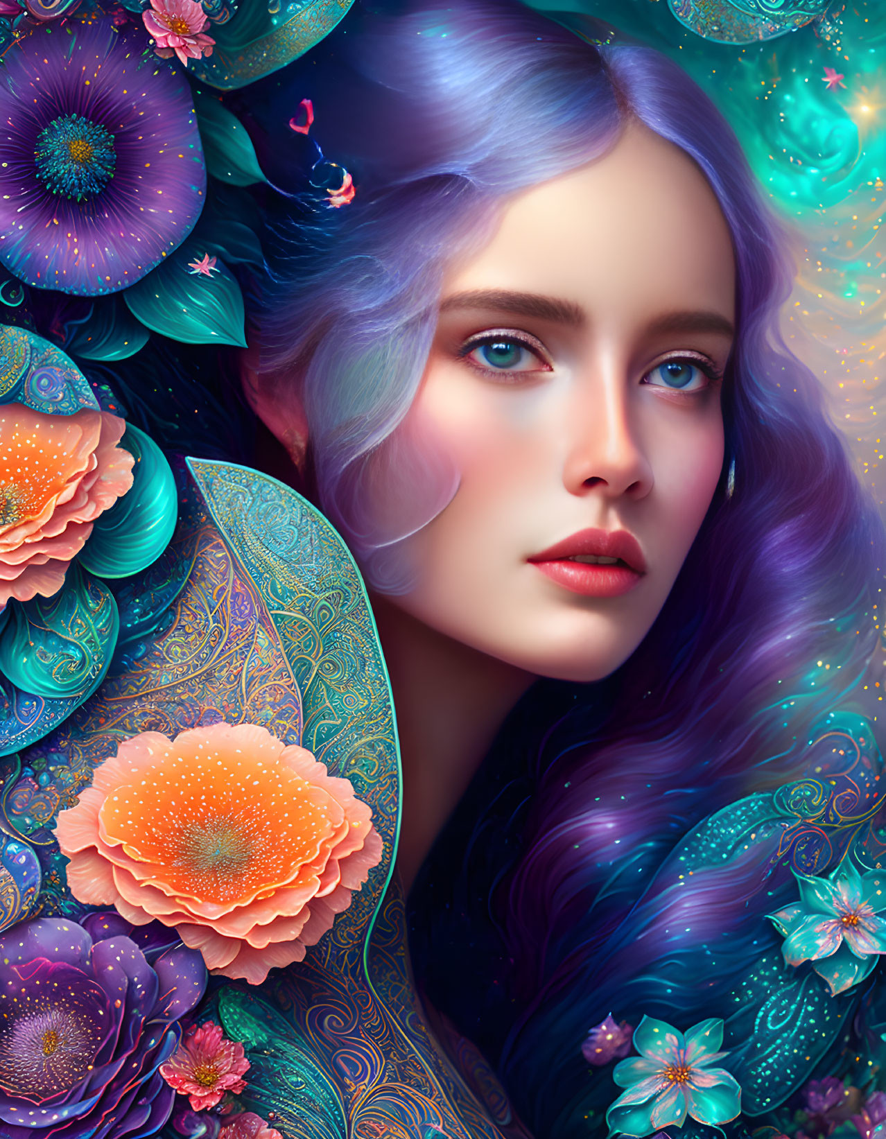 Vibrant digital portrait: woman with purple hair, blue eyes, surrounded by flowers and cosmic background