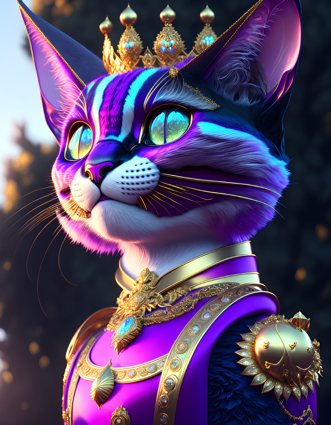 Regal digitally created cat with blue and purple fur in golden crown and ornate garments