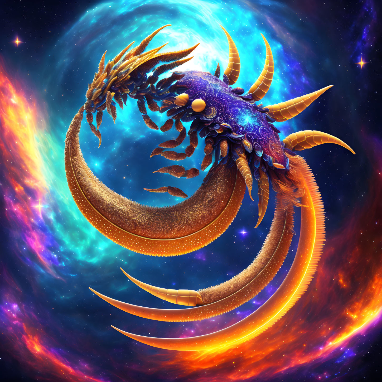 Colorful cosmic dragon with golden horns and blue scales in swirling galaxy