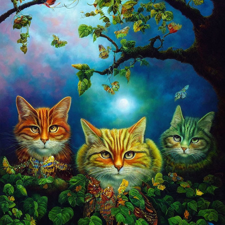 Stylized anthropomorphic cats under tree against twilight sky