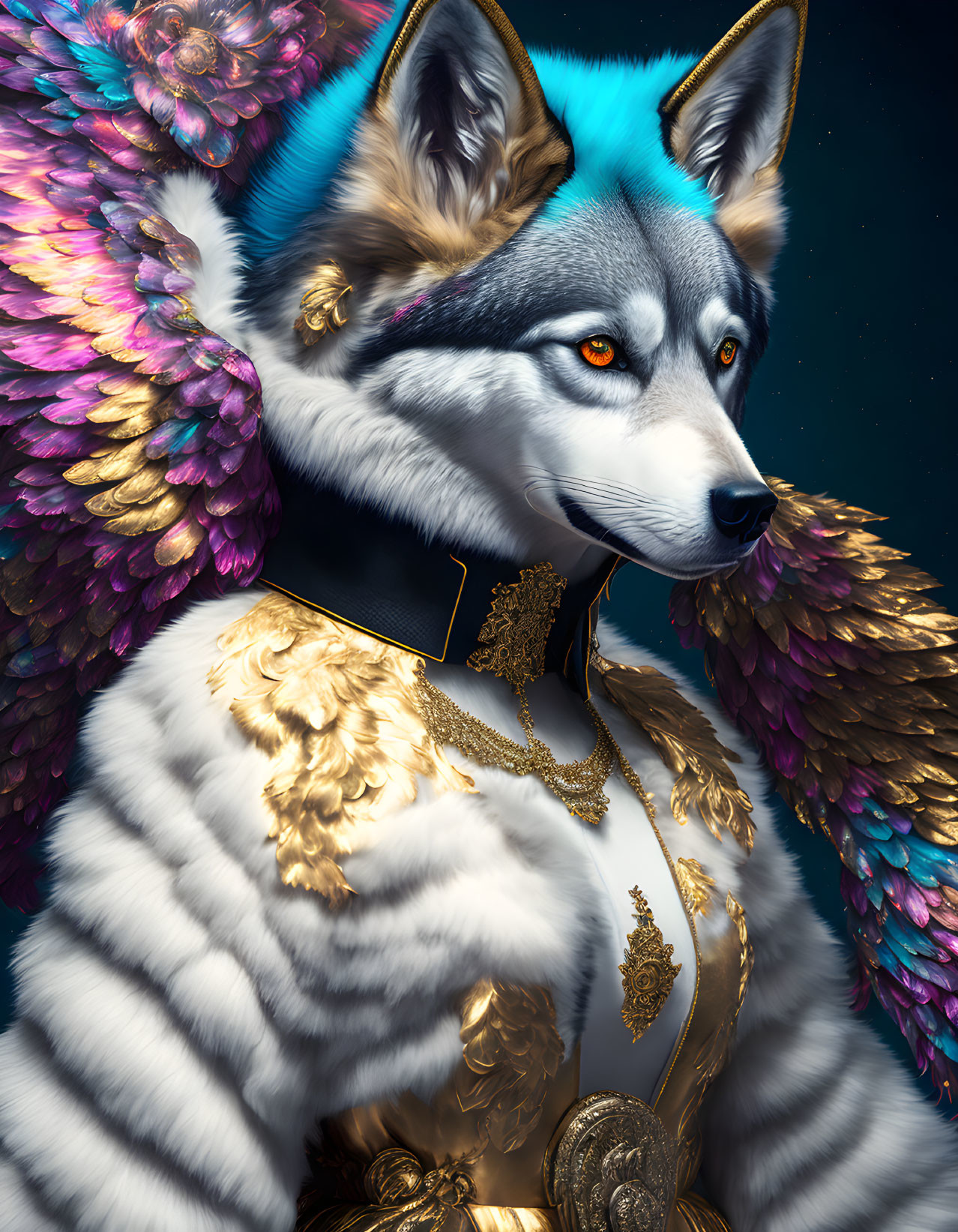 Anthropomorphic Wolf Art with Blue Fur and Multicolored Wings