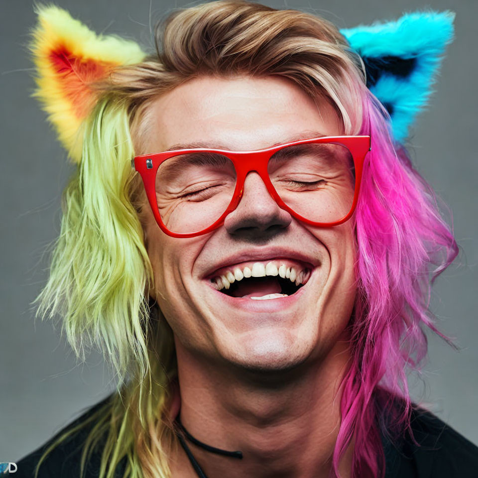 Colorful Faux Animal Ears and Red Glasses on Smiling Person