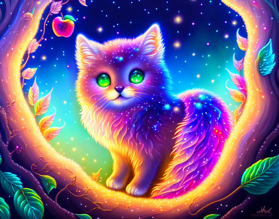 Colorful whimsical cat illustration with cosmic fur pattern and glowing foliage