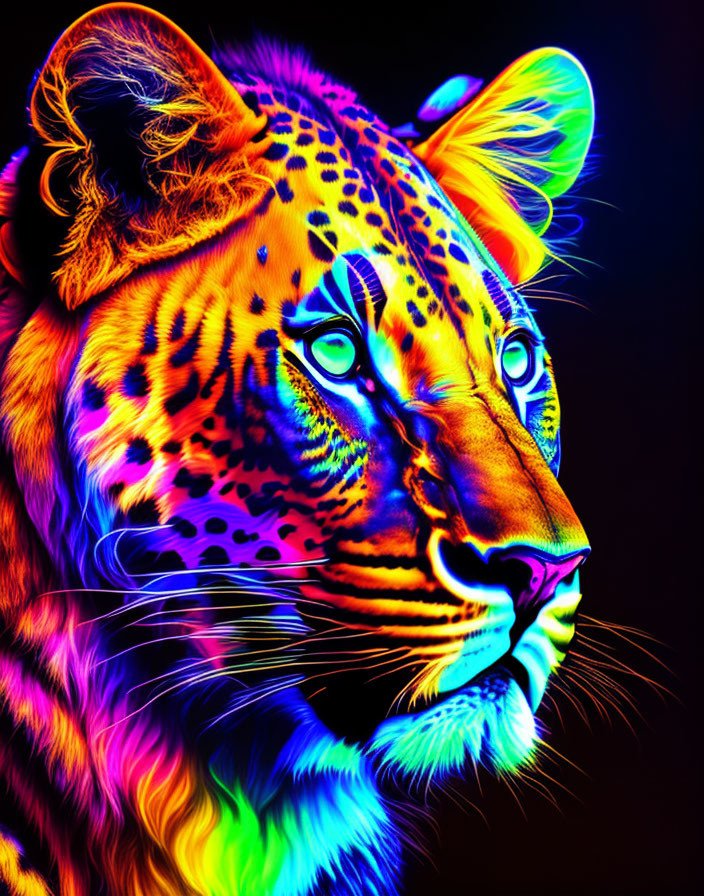 Colorful Tiger Head Artwork in Neon Spectrum on Black Background