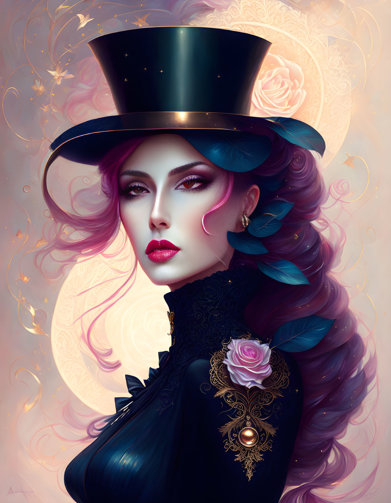 Stylized woman with purple hair and top hat in black attire on cream ornate background