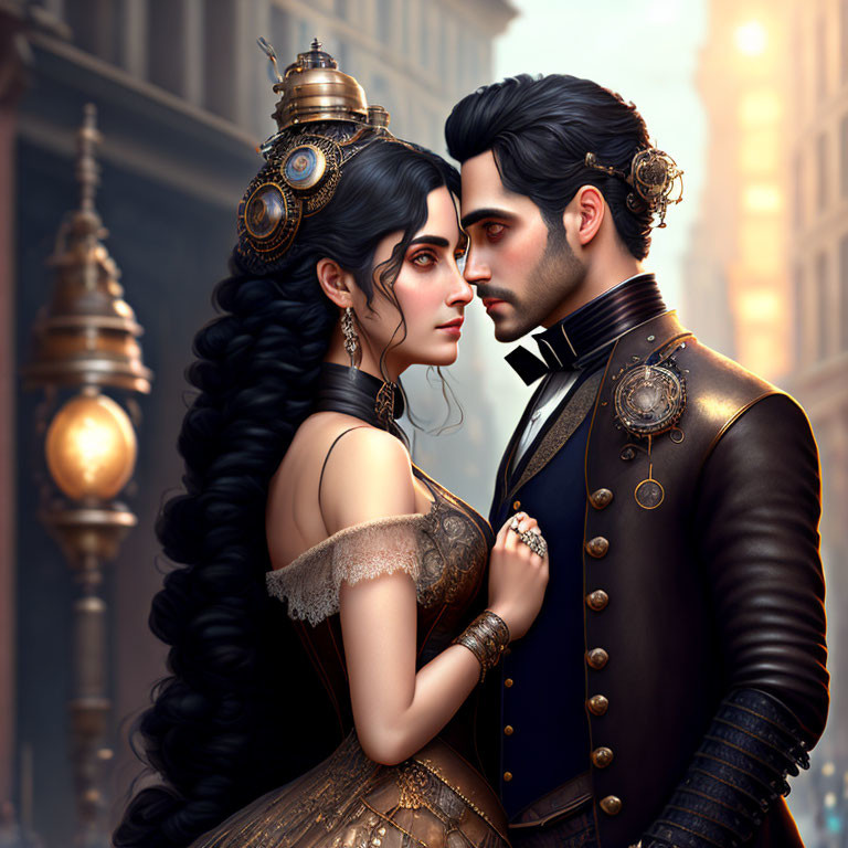 Illustrated steampunk couple in Victorian city setting.