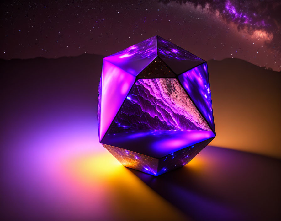 Purple Geometric Crystal Shining in Starry Night Sky