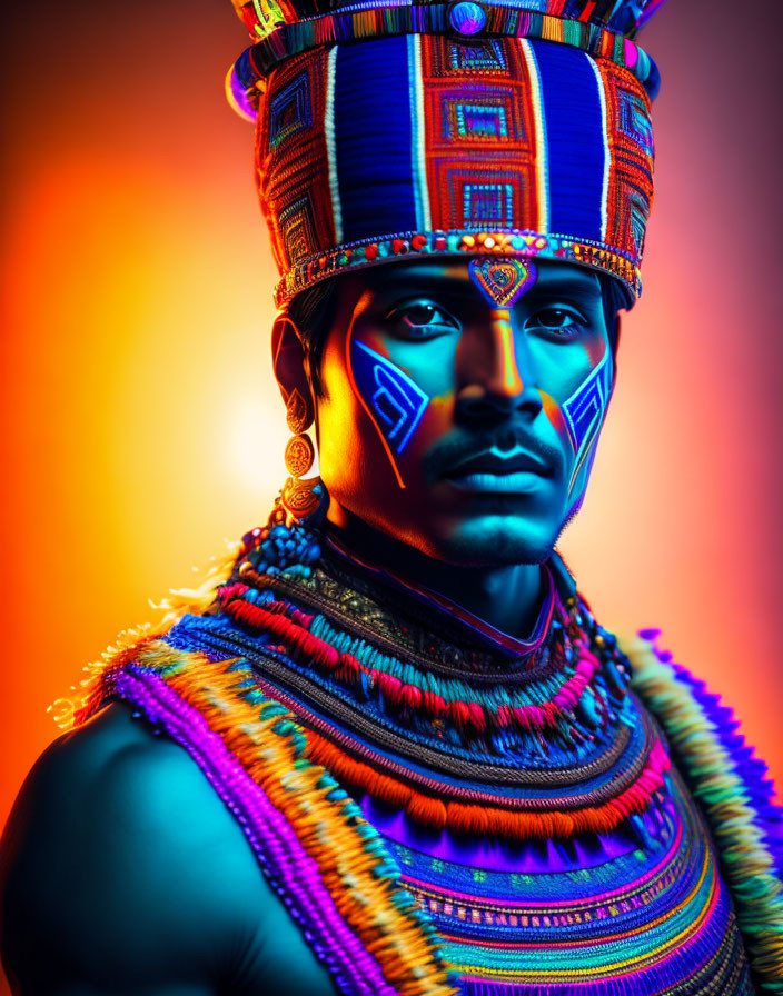 Portrait of person with tribal face paint and headgear on orange and blue gradient.