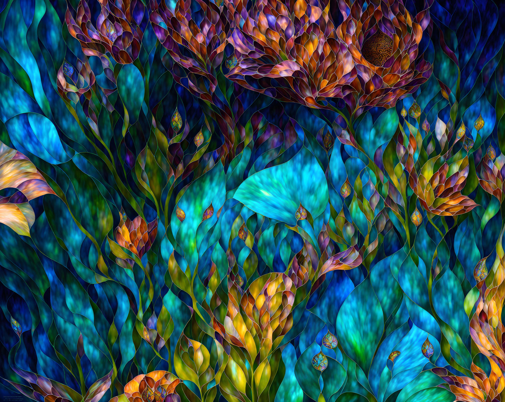 Abstract digital art: Stylized flora in blue, green, and brown