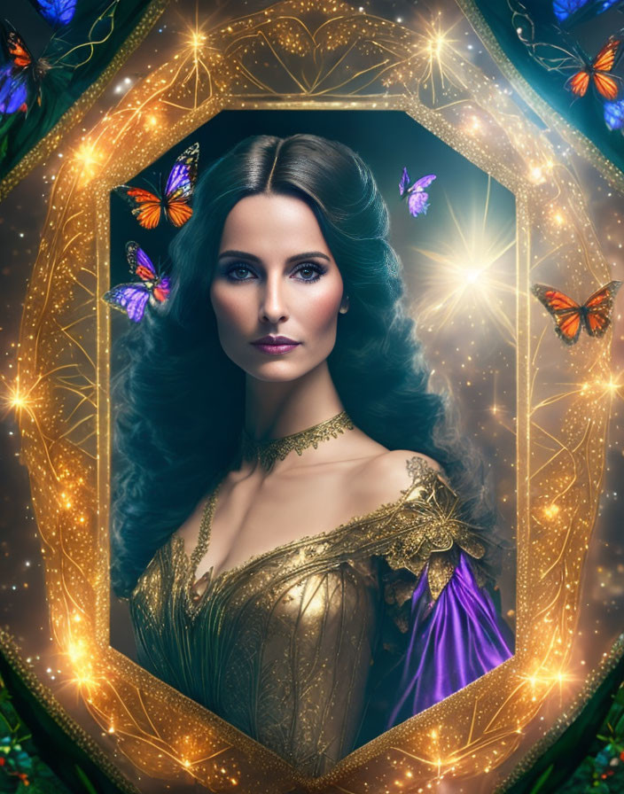 Regal woman in golden and purple dress with butterflies in hexagonal frame