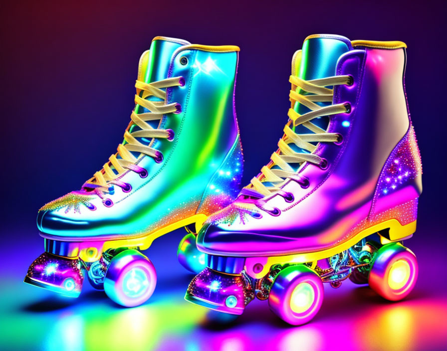 Multicolored Roller Skates with Illuminated Wheels on Neon Background