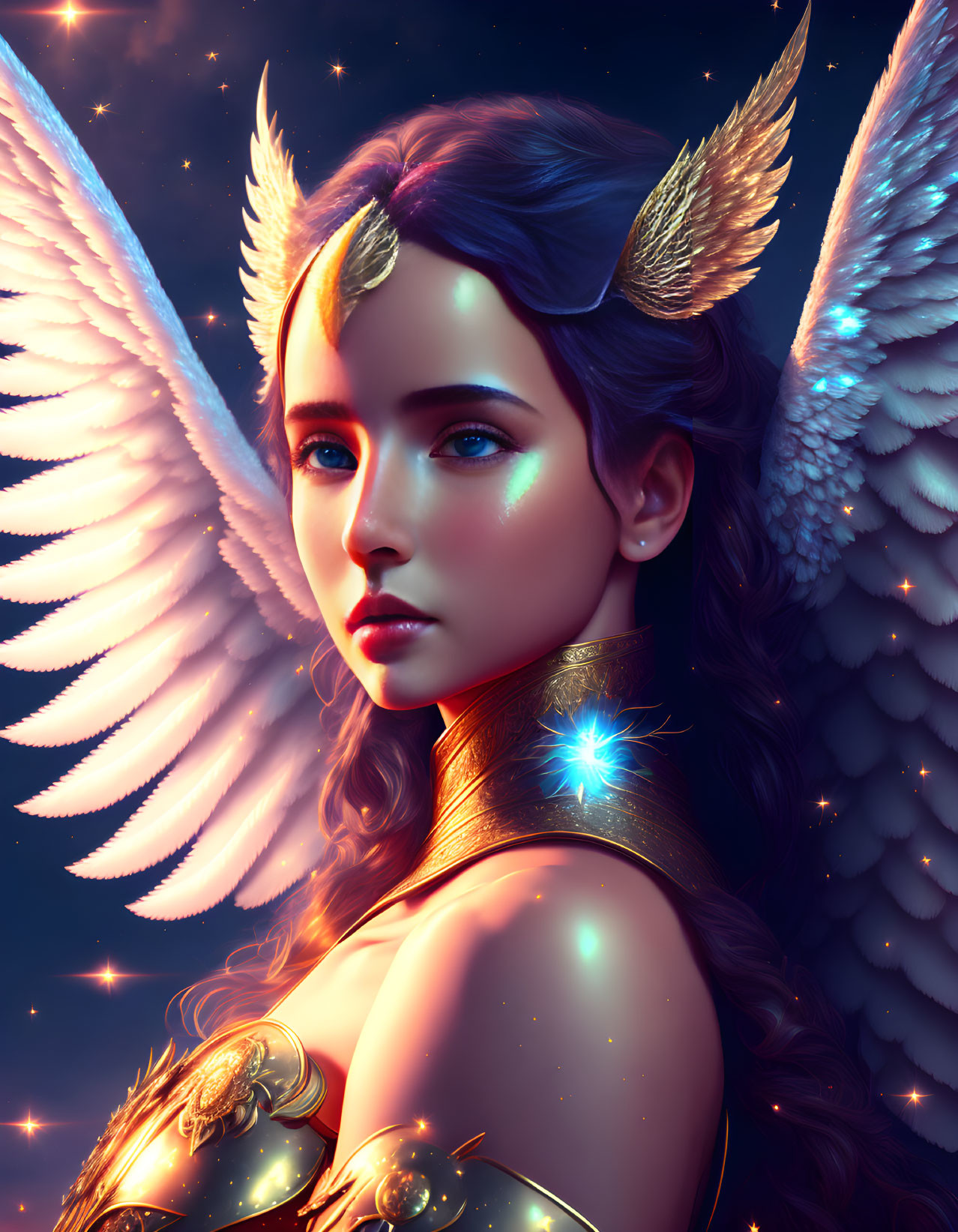 Mystical winged being in golden armor under starlit sky