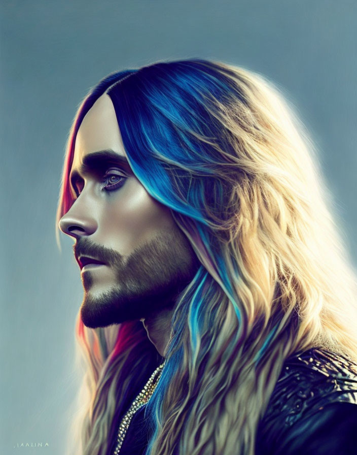 Blue and Blonde Ombre Hair, Intense Gaze, Beard, Leather Jacket