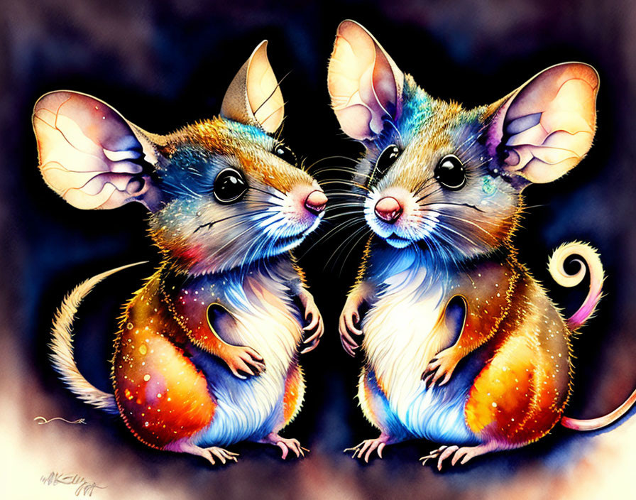 Colorful anthropomorphic mice with large ears and sparkling fur on dark background