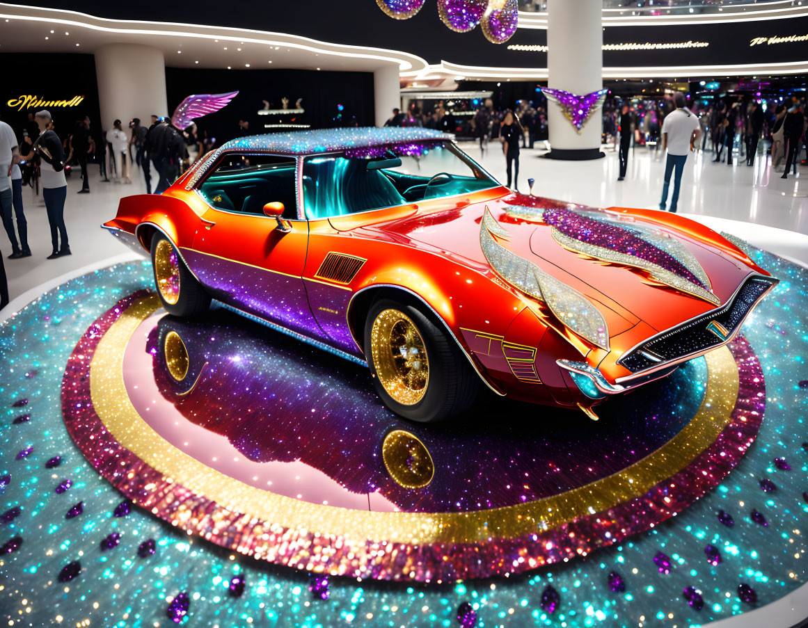 Custom-Painted Classic Car with Gold Wheels in Glittering Showroom