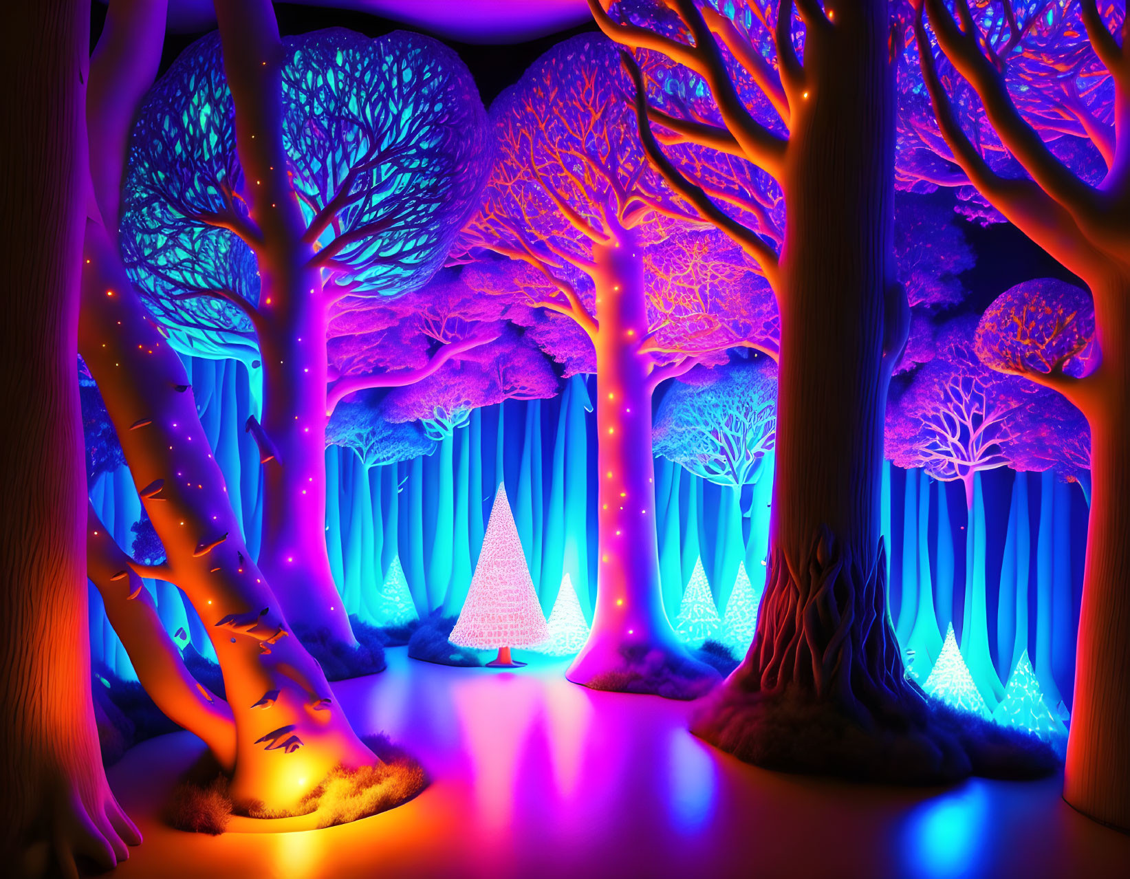 Colorful neon-lit forest with glowing purple, blue, and pink trees