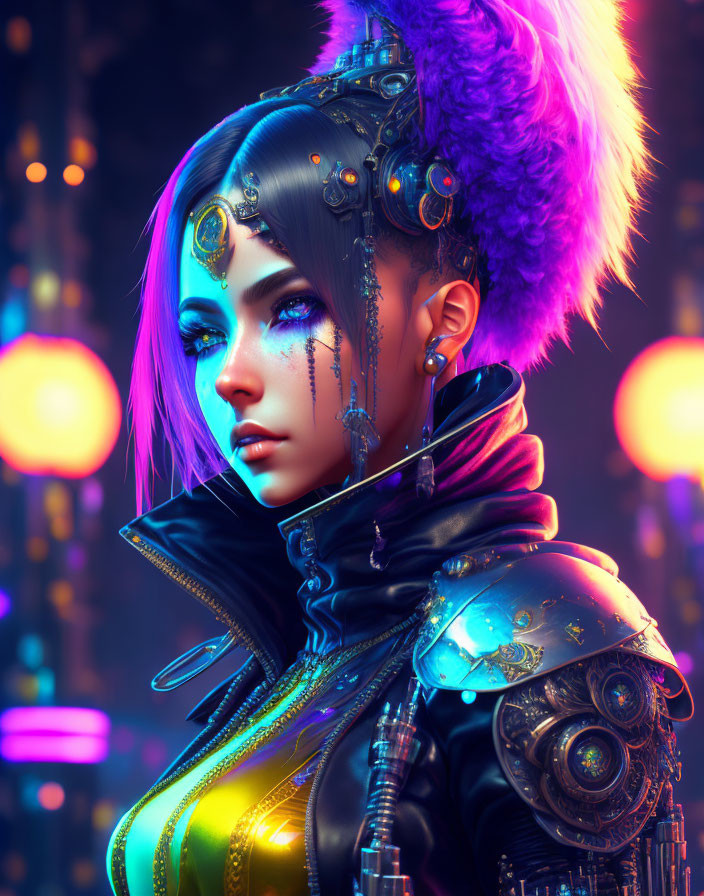 Futuristic cyberpunk woman with glowing eye enhancements and purple mohawk