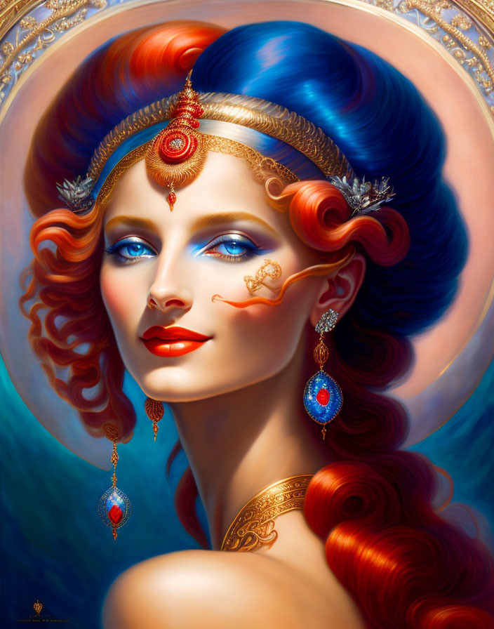 Woman's Digital Portrait: Blue and Red Flowing Hair, Golden Jewelry, Radiant Aura